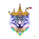 Chat coiffer de plume d indien en premier plan un loup en arrière plan à gauche un papillon en couleur au dessus tattoo design idea