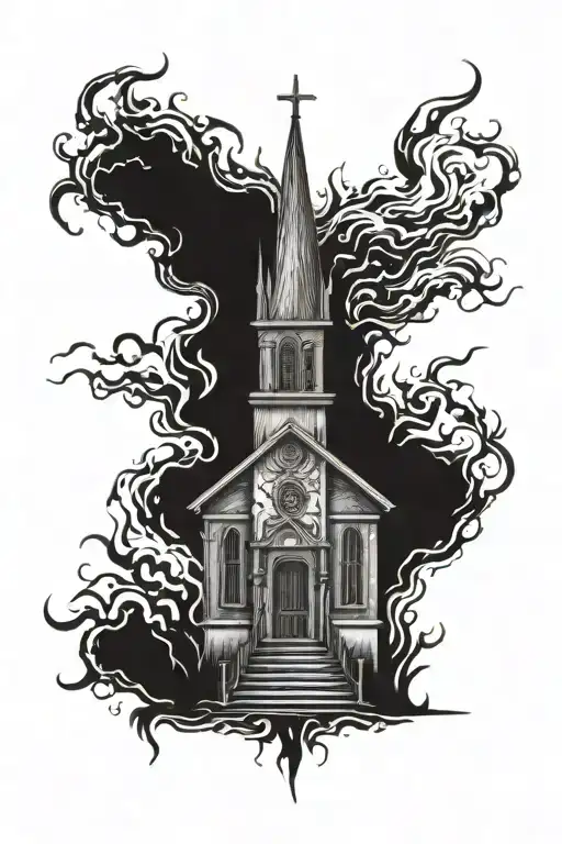 burning church hell tattoo design idea