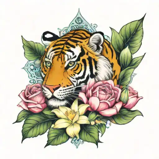 composition of roses, water lilies, perunian lilys, narcissus and in background  a tiger skin made of rubys, alexandrite tattoo design idea