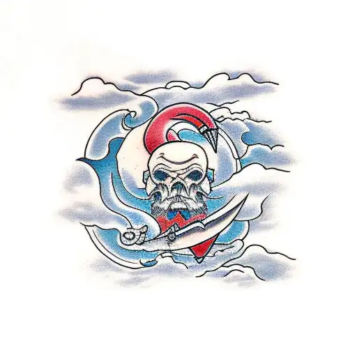 walk clouds of wanders and  surfs sound waves tattoo design idea