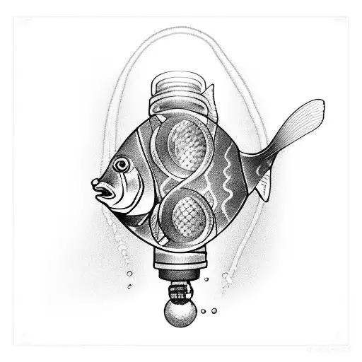 diver with a flashlight, upright position and in the lightceggle of the flashlight there is a fish.  tattoo design idea