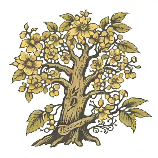 SINGLE TREE WITH TEN FLOWERS AROUND THE BRANCHES WITH TEN INITIALS LETTERS ABOVE EACH TEN FLOWER:M, D, P, X, P, K, P, Y tattoo design idea
