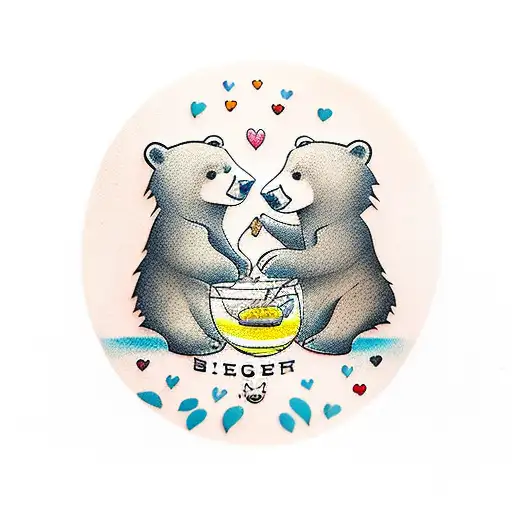 Two bears in love with a jar of honey under a palm tree tattoo design idea