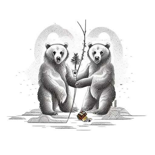 Two bears in love with a jar of honey under a palm tree tattoo design idea