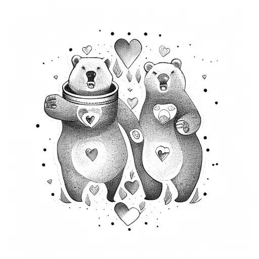Two bears in love with a jar of honey under a palm tree tattoo design idea