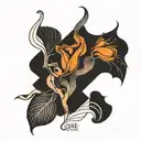 Simple line tattoo design ideas with a combination of the word ethreal and a tulip and a semi colon and a dancing girl i tattoo design idea