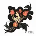 Simple line tattoo design ideas with a combination of the word ethreal and a tulip and a semi colon and a dancing girl i tattoo design idea