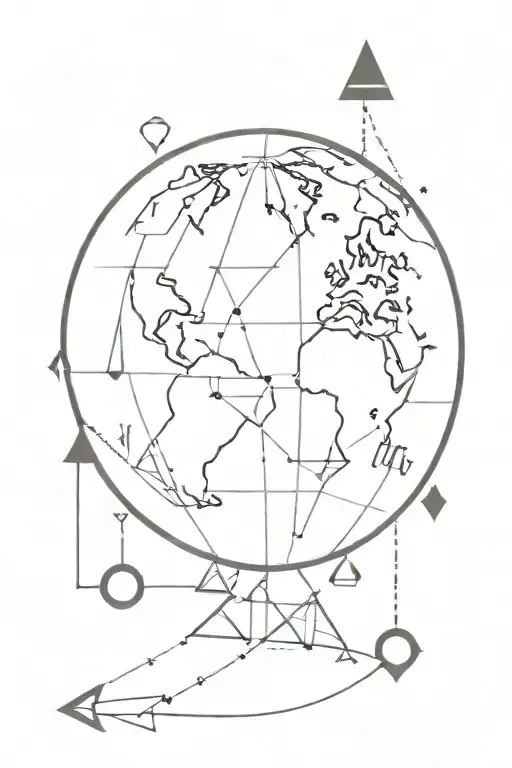 A world globe with arrows & symbols and geometric shapes tattoo design idea