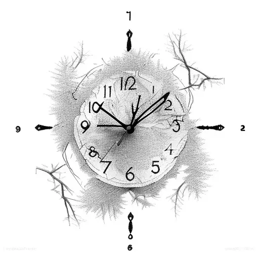 A clock that is fading, some old tree branches are around the clock and inside the clock a phase that says “o tempo é in tattoo design idea