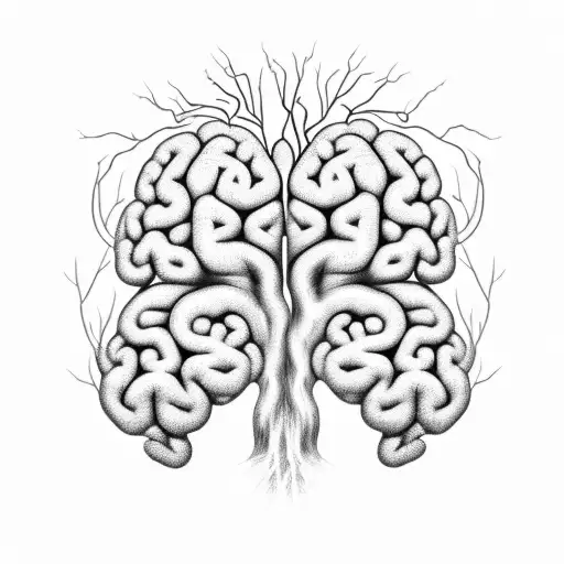 A brain with roots growing from it, symbolizing the importance of mental health and personal growth tattoo design idea