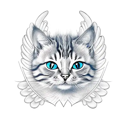 thin lines, stylized cute cat with wings and 2 heads tattoo design idea