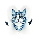 thin lines, stylized cute cat with wings and 2 heads, full body tattoo design idea