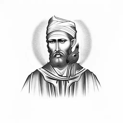 St. Jude Thaddeus with a red cardinal above him holding a breast cancer awareness ribbon tattoo design idea