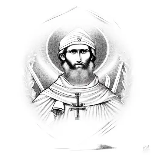 St. Jude Thaddeus with a red cardinal above him holding a breast cancer awareness ribbon tattoo design idea