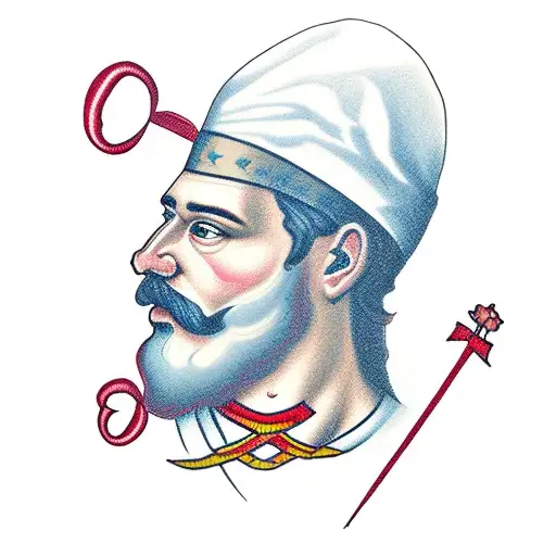 St. Jude Thaddeus with a red cardinal above him holding a breast cancer awareness ribbon tattoo design idea