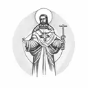 St. Jude Thaddeus with a red cardinal above him holding a breast cancer awareness ribbon tattoo design idea