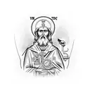 St. Jude Thaddeus with a red cardinal above him holding a breast cancer awareness ribbon tattoo design idea