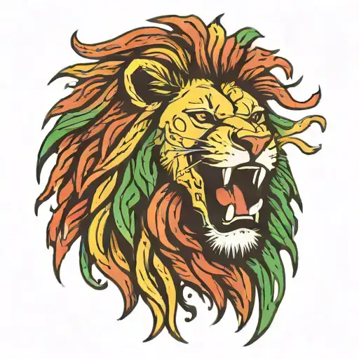 Stencil of a lion, dreadlocks mane, Rasta colors, under the lion inscription, calligraphic letters, in Latin, Esto benignus tattoo design idea