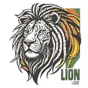 Stencil of a lion, dreadlocks mane, rasta colors, under the lion inscription, calligraphic letters, in Latin, Esto benignus tattoo design idea
