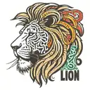 Stencil of a lion, dreadlocks mane, rasta colors, under the lion inscription, calligraphic letters, in Latin, Esto benignus tattoo design idea