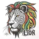 Stencil of a lion, dreadlocks mane, rasta colors, under the lion inscription, calligraphic letters, in Latin, Esto benignus tattoo design idea