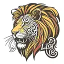 Stencil of a lion, dreadlocks mane, rasta colors, under the lion inscription, calligraphic letters, in Latin, Esto benignus tattoo design idea