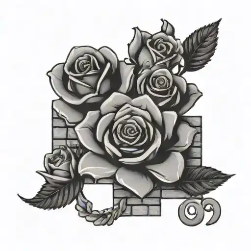 973 area code surrounded by brick wall with roses on it  tattoo design idea
