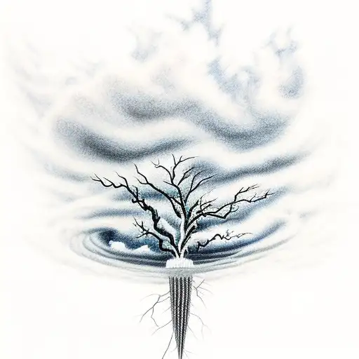 A realistic depiction of a tornado tearing through a landscape with trees and lightning bolts tattoo design idea