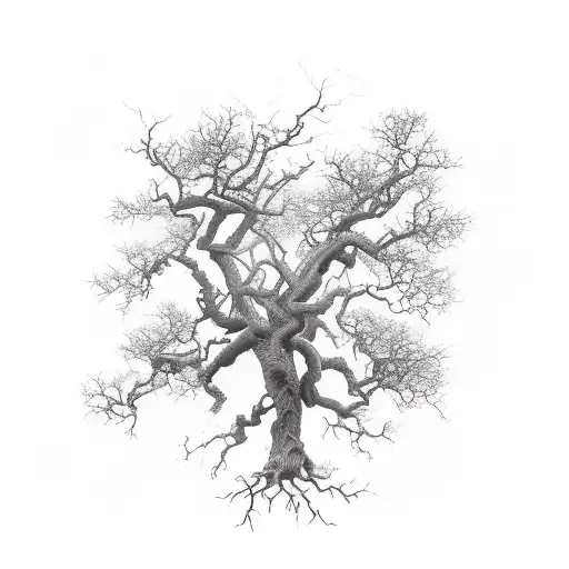 A majestic oak tree with lightning bolts striking its branches tattoo design idea