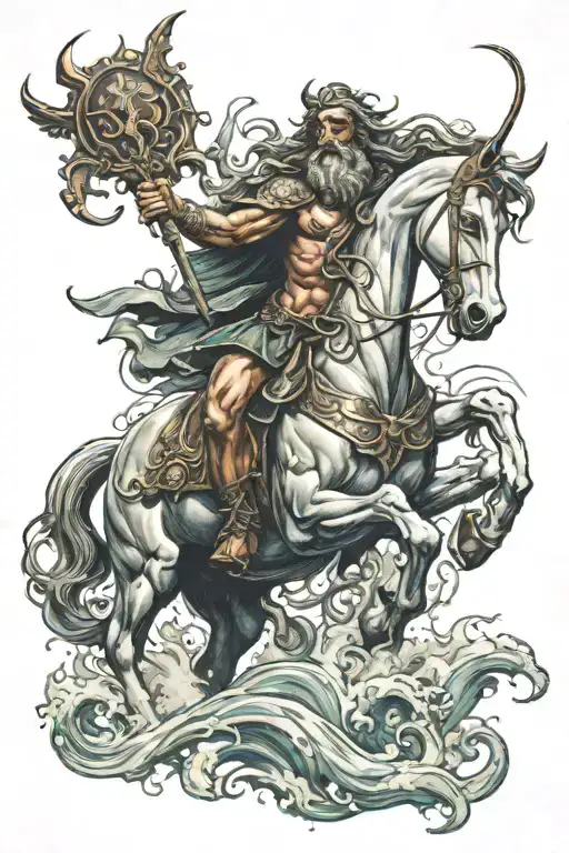 poseidon with trident and horses running tattoo design idea