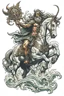 poseidon with trident and horses running tattoo design idea
