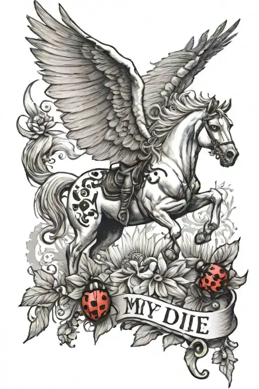 Pegasus, ladybug and text "my pride or die"  tattoo design idea