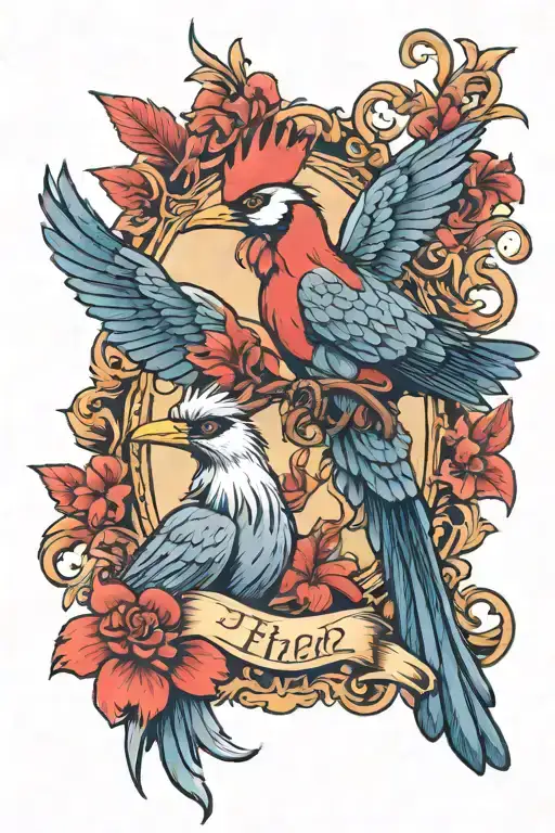 blue heron, cardinal, rooster, and breast cancer ribbon  tattoo design idea