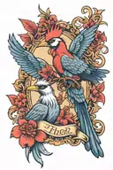 blue heron, cardinal, rooster, and breast cancer ribbon  tattoo design idea