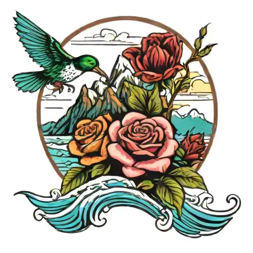 mountain landscape with water, flying duck, humming bird, and rose of sharron tattoo design idea