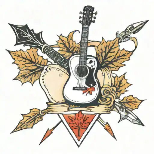 maple leaf and guitar with a an arrow surrounded tattoo design idea