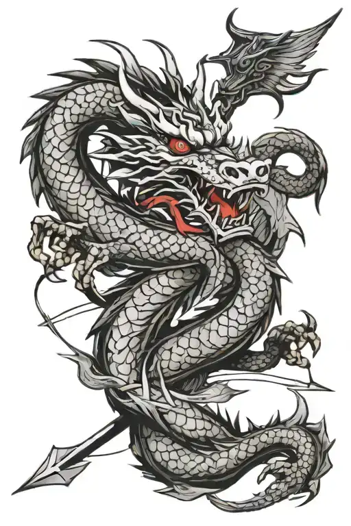 red bulky chineese dragon wrapped around an arrow on the back tattoo design idea