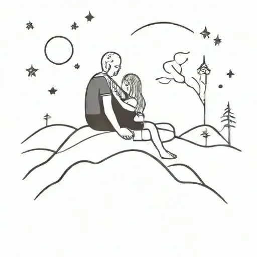 A blackwork tattoo of a hill with a grandfather and granddaughter sitting under a starry sky, sharing a moment of peace tattoo design idea