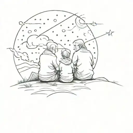 grandfather and granddaughter sitting on the hill looking at shooting star from back side  tattoo design idea