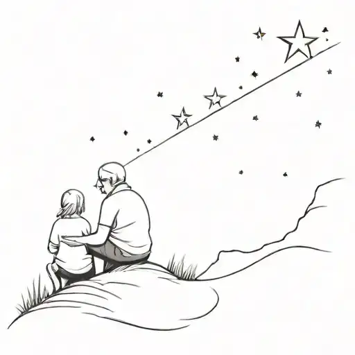 A silhouette of a granddad and granddaughter sitting on a hill, looking up at a shooting star tattoo design idea