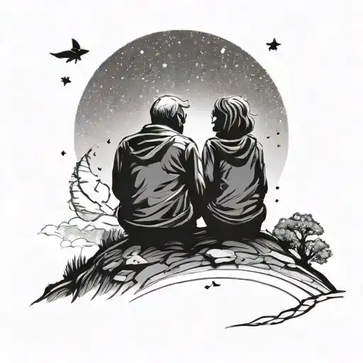 A silhouette of a granddad and granddaughter sitting on a hill, looking up at a sky filled with falling stars tattoo design idea