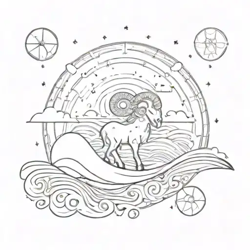 Aries constellation interwoven with tribal patterns and waves crashing on a Hawaiian shore tattoo design idea
