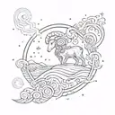 Aries constellation interwoven with tribal patterns and waves crashing on a Hawaiian shore tattoo design idea
