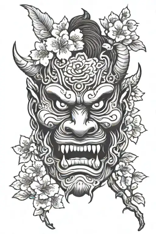 Japanese oni mask with cherry blossoms tattoo design idea