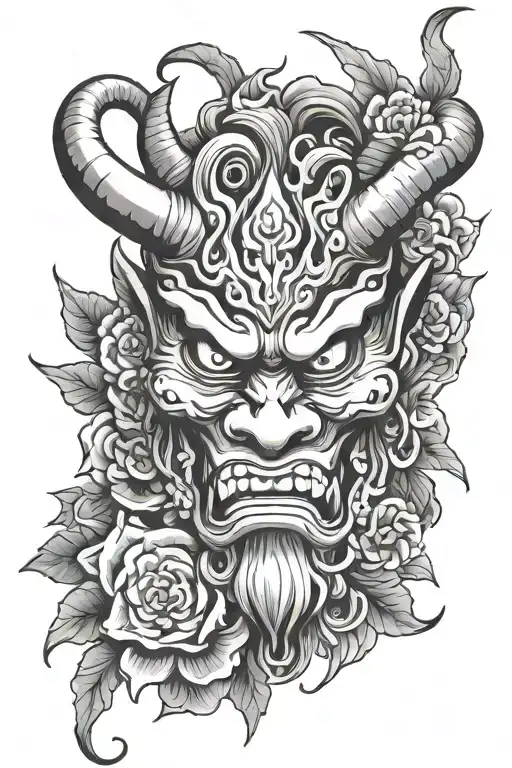 Japanese oni mask with flowers tattoo design idea