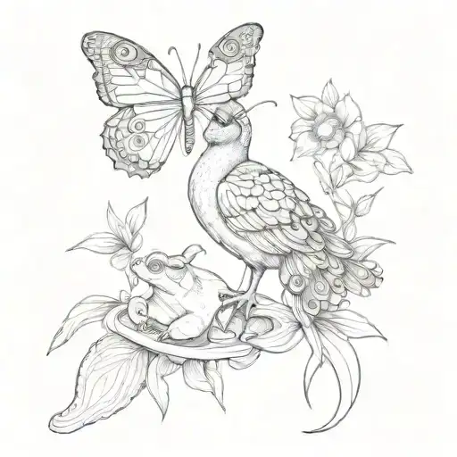 peacock butterfly and frog sitting tattoo design idea