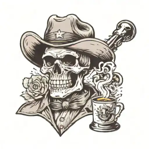 cowboy skull with coffee mug and glasses that reflects nuclear bomb tattoo design idea