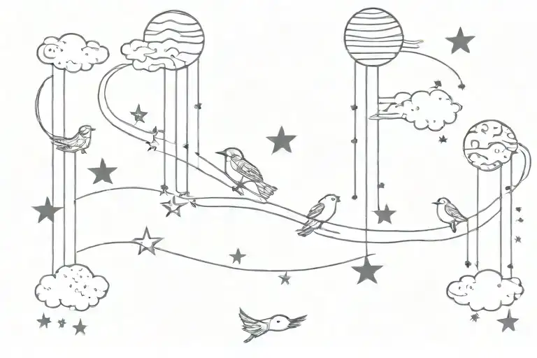 in clouds and it says “live for you because everything happens for a reason” with stars and planets around it with birds tattoo design idea