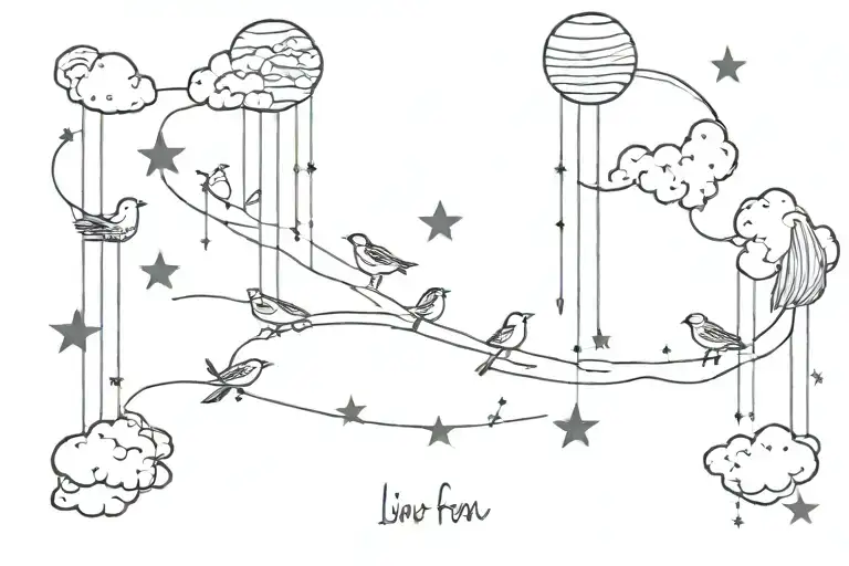 in clouds and it says “live for you because everything happens for a reason” with stars and planets around it with birds tattoo design idea