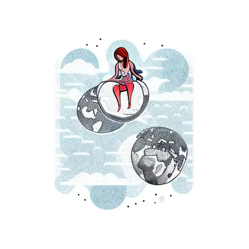 a girl sitting sideways on a planet earth tattoo design idea